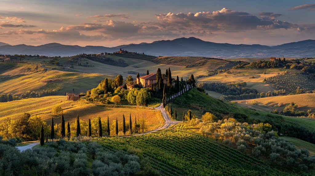 Heuvellandschap in Toscane met cipressen en wijngaarden tijdens een groepsreis Zuid-Europa.