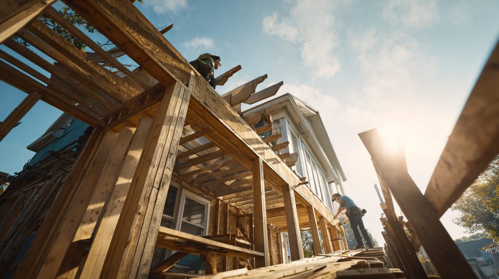 Bouwteam werkt aan een woninguitbreiding met een duidelijke renovatie planning en vaste werkfasen.