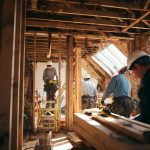 Vakmensen voeren werkzaamheden uit volgens een renovatie planning tijdens een woningrenovatie.