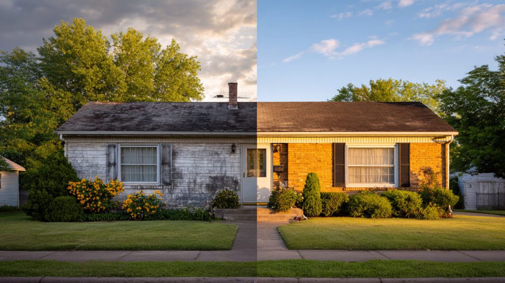 Voor- en nagevel van een woning naast elkaar, met verweerde gevelbekleding links en een frisse, opgeknapte gevel rechts