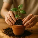 Handen potten groene plant in aarde, symboliseert duurzamer leven