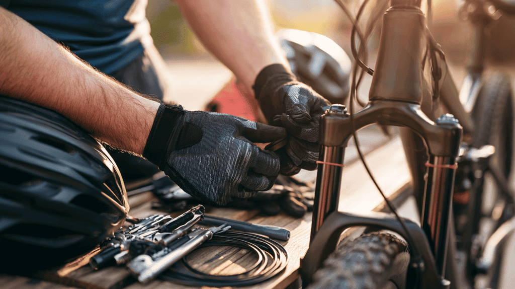 Beginnende mountainbiker controleert vering en uitrusting voor vertrek
